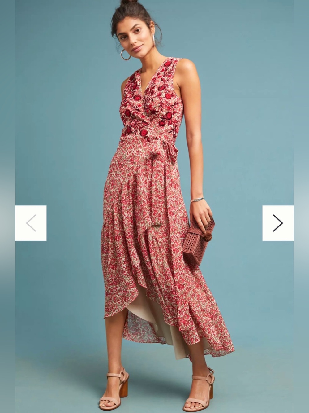 Anthropologie Ranna Gill Alexandra Embroidered Beaded Wrap Maxi Dress in Red.